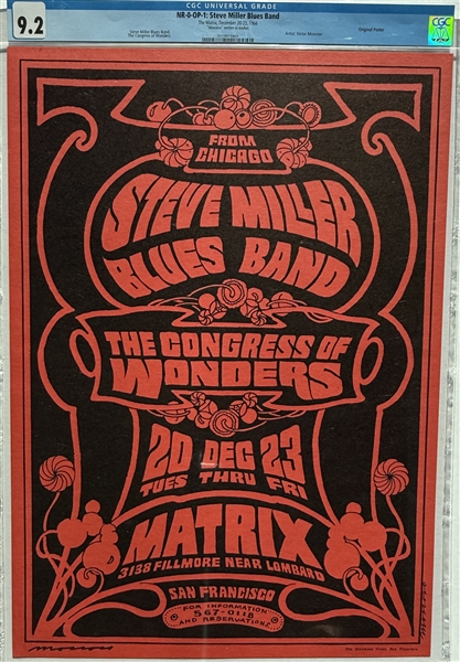 1966- NR-0 OP-1 -Steve Miller Blues Band Matrix Poster - CGC Graded 9.2- SIGNED AND RARE!