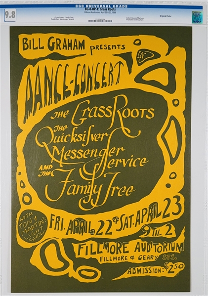1966 BG-0 OP-1 Grass Roots Poster -Fillmore Auditorium -CGC Graded 9.8